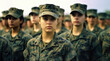 Group of young women in military digital camouflage uniforms standing at army ceremony or presentation. Generative AI