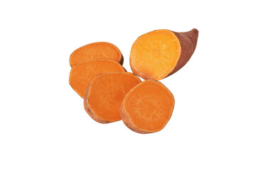 Sticker - Sweet potato or boniato sliced tube with red skin and yellow flesh isolated transparent png. Vegetable food staple.

