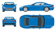 Blue sports car vector template with simple colors without gradients and effects. View from side, front, back, and top