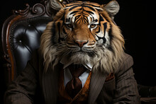 A Tiger In A Classic Costume. A Businessman With The Head Of A Tiger. A Feline Predator.