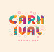 Light carnival banner, invitation for festival 2024.Party card for carnaval,mardi gras,masquerade,parade.Letters from geometric shapes,fireworks, stars. Template for design flyer, web,poster. Vector