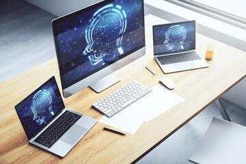 Wall Mural - creative artificial intelligence concept with human head hologram on modern laptop screen. 3d render