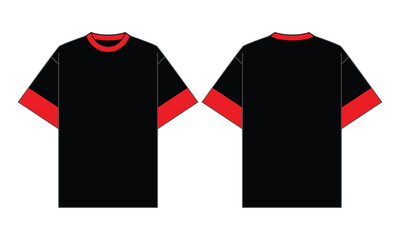 Wall Mural - Black-Red Short Sleeve Oversize T-Shirt Design on White Background. Front and Back View, Vector File.