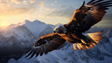 Majestic Golden Eagle Flying High Over The Snowy Mountain Peak