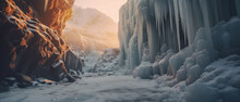 Beautiful Frozen Canyon With Icicle Formations And Snow, Illuminated By A Warm Sunset Glow Creating A Stark Contrast.