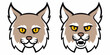 Cartoon bobcat head set. Traditional comic style lynx, roaring and calm, sports mascot. Isolated vector illustration.