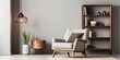 © Lasvu - Modern retro home decor with a stylish living room featuring a brown armchair, wooden bookcase, pendant lamp, carpet decor, picture frames, and elegant personal accessories.