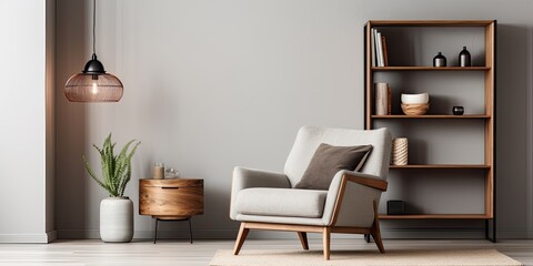 Sticker - Modern retro home decor with a stylish living room featuring a brown armchair, wooden bookcase, pendant lamp, carpet decor, picture frames, and elegant personal accessories.