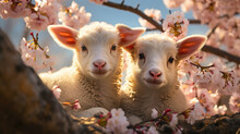 Spring Lambs In Golden Light Among Blooming Flowers