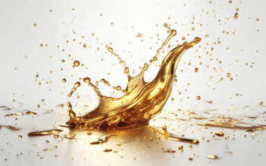 Vegetable oil floating in the air Golden water splashes Water drops on white background. Golden oil.