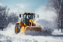 Snowplows clearing snow-covered roads in the city during heavy snowfall