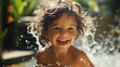 Wonderful child bathing in an outdoor pool with splashes and pleasure in a summer garden on a bright afternoon