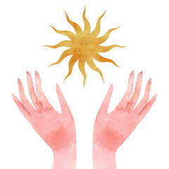 Wall Mural - Watercolor illustration of the Sun and woman's hands. Spiritual composition isolated on a white background.