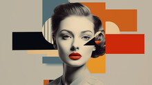 Modernist Collage Of Sensual 1950s Lady's Face With Abstract Cropped Shapes On Background. Horizontal Cinematic Poster, Retro Vintage Model, Full Red Lips. Hollywood Old-fashioned Actress Concept