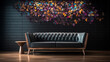Envision a 3D plane tree pattern with holographic silver bark on a midnight black wall, providing a striking backdrop to a mahogany wooden sofa