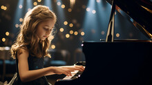 A Girl Performing On Stage And Is Getting Ready To Play The Piano, Piano And Microphone, A Live Performance, Young And Talented