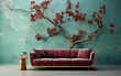 the 3D portrayal of a plane tree with mottled bark on a seafoam-green wall, complemented by a maroon sofa.