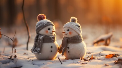 Poster - Two little snowmen in the snow, lovely, hugging, realistic, photography, atmosphere, clear, boundless snow 