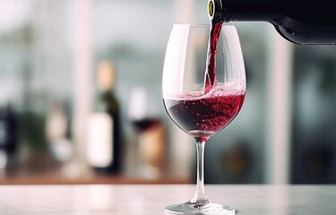 Pouring red wine from bottle into glass on blurred white kitchen background soft light created with Generative Ai