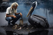 Eco activists helping the pelican bird after oil spill. Environmental pollution concept