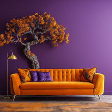 3D Plane Tree Pattern With Metallic Gold Bark Hangs Over A Royal Purple Corduroy Sofa Against A Lively Tangerine Wall