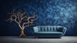 3D visualization of a plane tree with mottled bark on a navy blue sofa against a sky-blue wall.