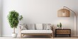 Scandinavian-inspired living room featuring wooden furniture, black lamp, rattan basket, plants, and stylish accessories. Elegant home decor. Template for mock-up poster paintings.