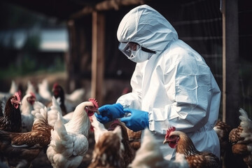 Veterinarian in protective equipment inspecting the poultry at chicken farm,  bird flu infection