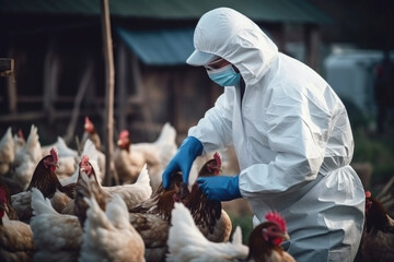 Veterinarian in protective equipment inspecting the poultry at chicken farm,  bird flu infection