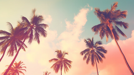 Wall Mural - Coconut palm trees on pink sky background. Vintage toned