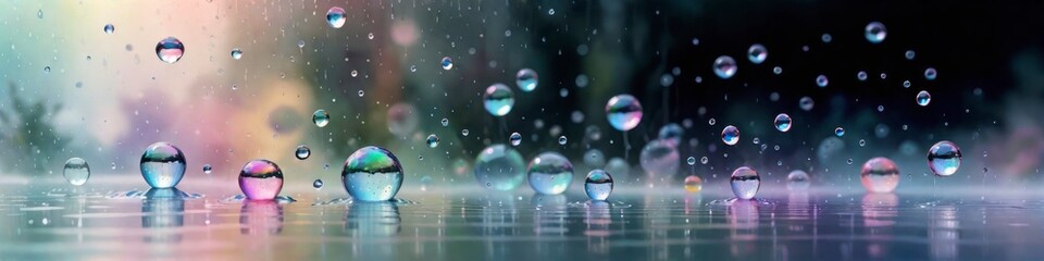 Wall Mural - Abstract banner iridescent water bubbles during rain, blurred background, background for design, place to insert text