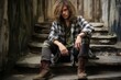 Male model in a grunge style with layered flannel and boots