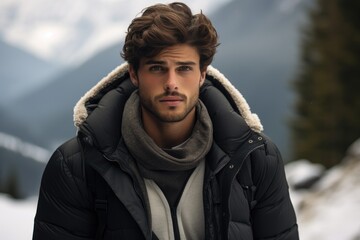 Male model in a winter mountain look with a puffer vest and thermal wear