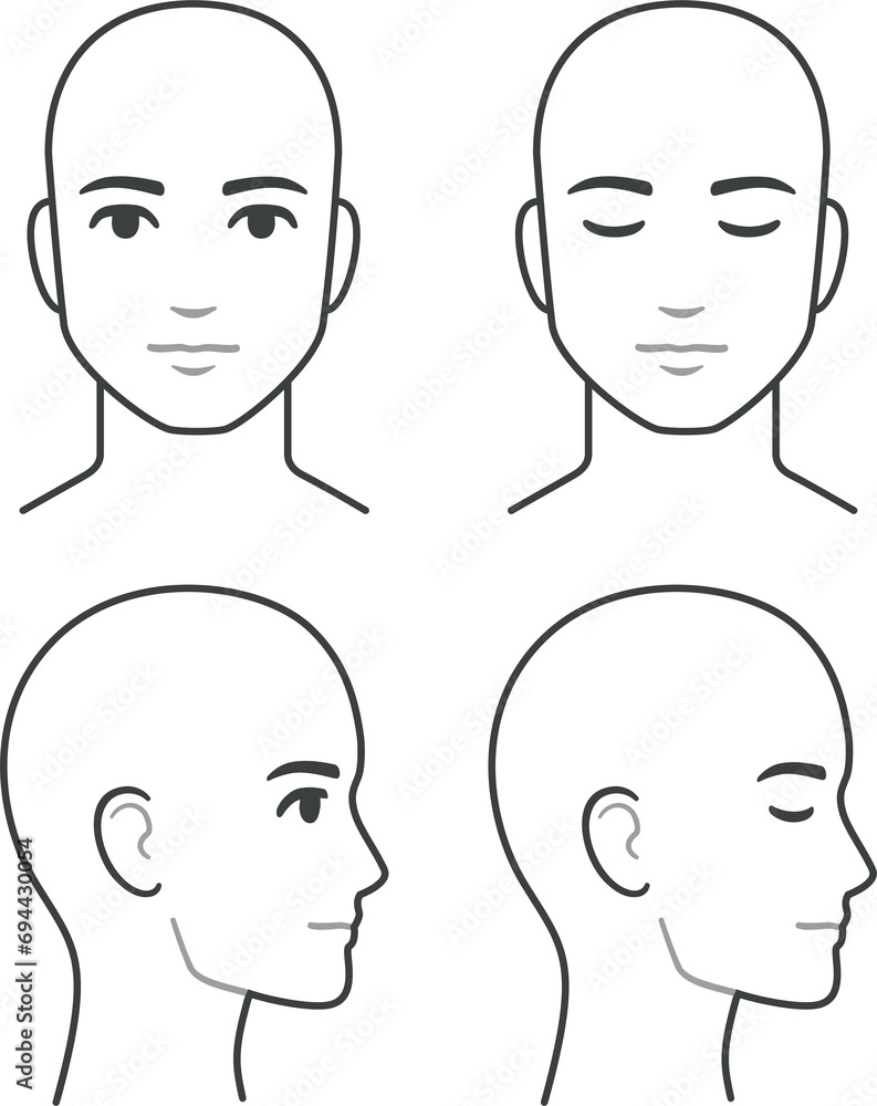 Man face and head profile diagram (without hair), eyes open and closed ...