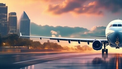 Wall Mural - travel airplane landing in beautiful city cinematic wallpaper