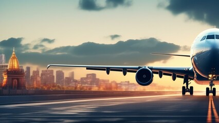 Wall Mural - travel airplane landing in beautiful city cinematic wallpaper