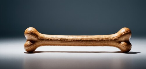  a wooden dog bone sitting on top of a white table next to a black wall with a shadow on it.