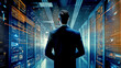 A Man is Standing in the Server Room. Cloud Computing Service. Server Farm. Cybersecurity, Data Storage, New Technologies.