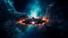 Intergalactic Interstellar War In Outer Space. High-tech Deep Space Exploration To Find New Natural Resources And Minerals. A Spaceship Spacecraft Protects The Solar System In The Galaxy. Future
