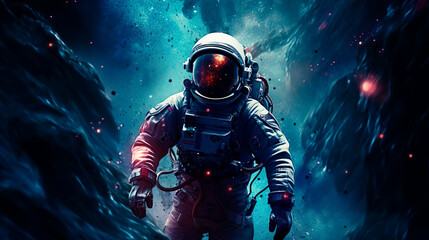 Wall Mural - Mission flight to new galaxy and stars. Scientific expedition into deep space in order to search for new planets adapted for human life. An astronaut discovers new places in the universe. Cosmic