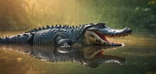  A Close Up Of A Large Alligator In A Body Of Water With Trees In The Background And Sunlight Shining On The Water.