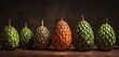  a row of green and orange gourds sitting on top of a wooden table in front of a dark background.