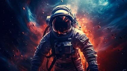 A portrait of a male astronaut explores mysterious outer space. An expedition into deep space in order to search for new planets adapted for human life. Scientific mission flight. Amazing nebula