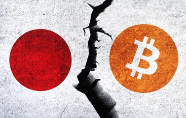 Wall Mural - Bitcoin and Japan flag on a wall with a crack. Japan Bitcoin banned, not legal, stuck, illegal, blockchain technology for crypto currency concept