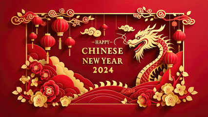 Wall Mural - Chinese New Year background. with Zodiac Year of the Dragon Chinese new year theme decoration with Chinese lantern, plum blossom and auspicious clouds in paper cut style.