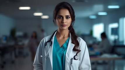 Wall Mural - Portrait of a female doctor with stethoscope in hospital.