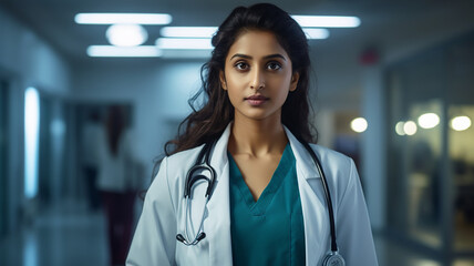 Wall Mural - Portrait of a young female doctor with stethoscope at hospital corridor