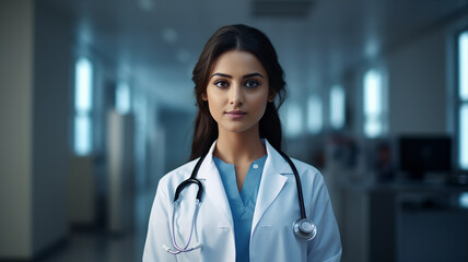 Wall Mural - Portrait of young female doctor with stethoscope in hospital corridor