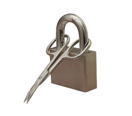 Wall Mural - old rusty padlock and scissors on transparent background
