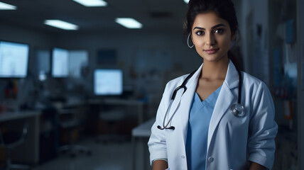 Wall Mural - Portrait of young female doctor with stethoscope at hospital.